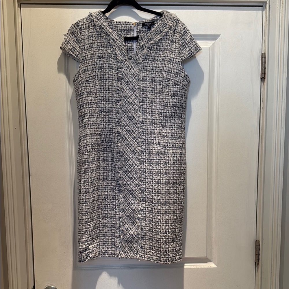 Premier Designs Blue and White Sheath Dress with Flutter Sleeves